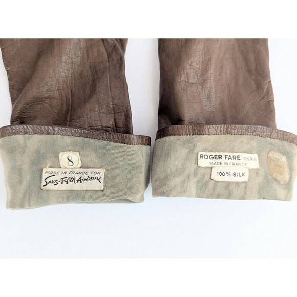 Vintage 1960s Roger Fare Brown Kid Leather Gloves Sz 8 Silk-Lined Driving Gloves - Picture 6 of 10